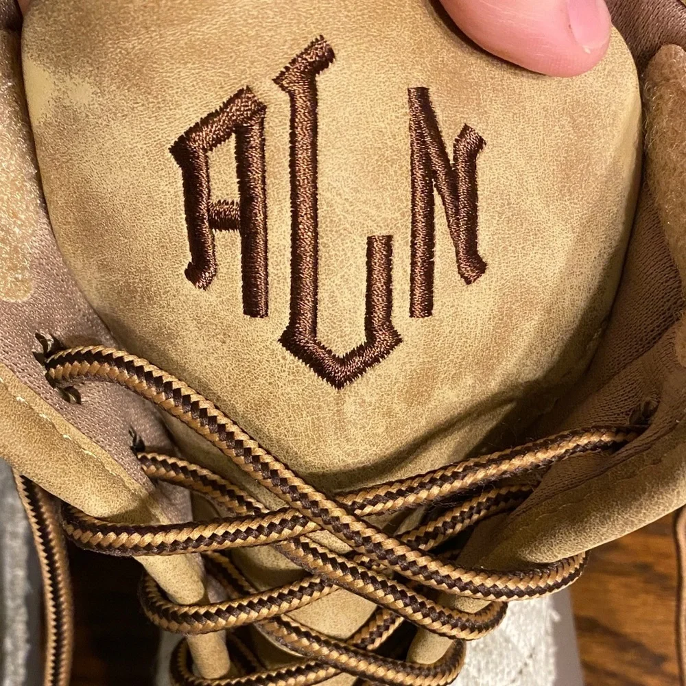 MarleyLilly Tan & Gray Duck Boots Size 8 Monogrammed ALN Winter Rain